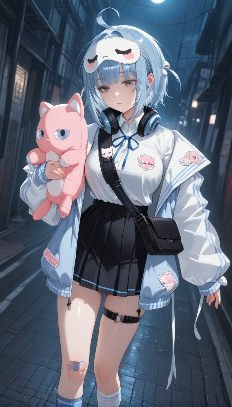 <lora:LCMTurboMix_Euler_A_fix:1> <lora:example_SDXL:0.3>, EZRealPONYXL, <lora:Dramatic Lighting Slider:3> <lora:realistic filter [IL]:1>
DSLR,realistic,cosplay photo, (very awa,masterpiece,best quality,year 2024,newest,absurdres,highres:1), realistic,skin texture,facial features, photography shot with Canon EOS 5D Mark IV , realistic, RAW, best quality, masterpiece, amazing quality, skin details,
1girl, highly detailed beautiful face, large natural breasts,
detailed background, shiny skin, dutch angle, night, moonlight,
beautiful detailed eyes, intricate details, absurdres, anime screencap,
 <lora:Yanagi_Nemu_VTuber_ILXL_kill0825:1>
VTNemu, short hair, blue eyes, grey eyes, hair between eyes, blue hair, jacket, ahoge, sidelocks, blunt bangs,
shirt, skirt, long sleeves, ribbon, jacket, white shirt, pleated skirt, open clothes, shoes, collared shirt, socks, puffy sleeves, belt, black skirt, miniskirt, off shoulder, bag, open jacket, sleeves past wrists, kneehighs, thigh strap, neck ribbon, mask, headphones, white jacket, white socks, white footwear, stuffed toy, blue jacket, stuffed animal, blue ribbon, sneakers, bandaid, asymmetrical legwear, shoulder bag, light blue hair,  mask on head, uneven legwear, mismatched legwear, headphones around neck, bandaid on leg, multicolored jacket, single sock, blue socks, bandaid on knee, eye mask, thigh belt, sleep mask, hair ornament, x hair ornament, holding stuffed toy,
dynamic pose,