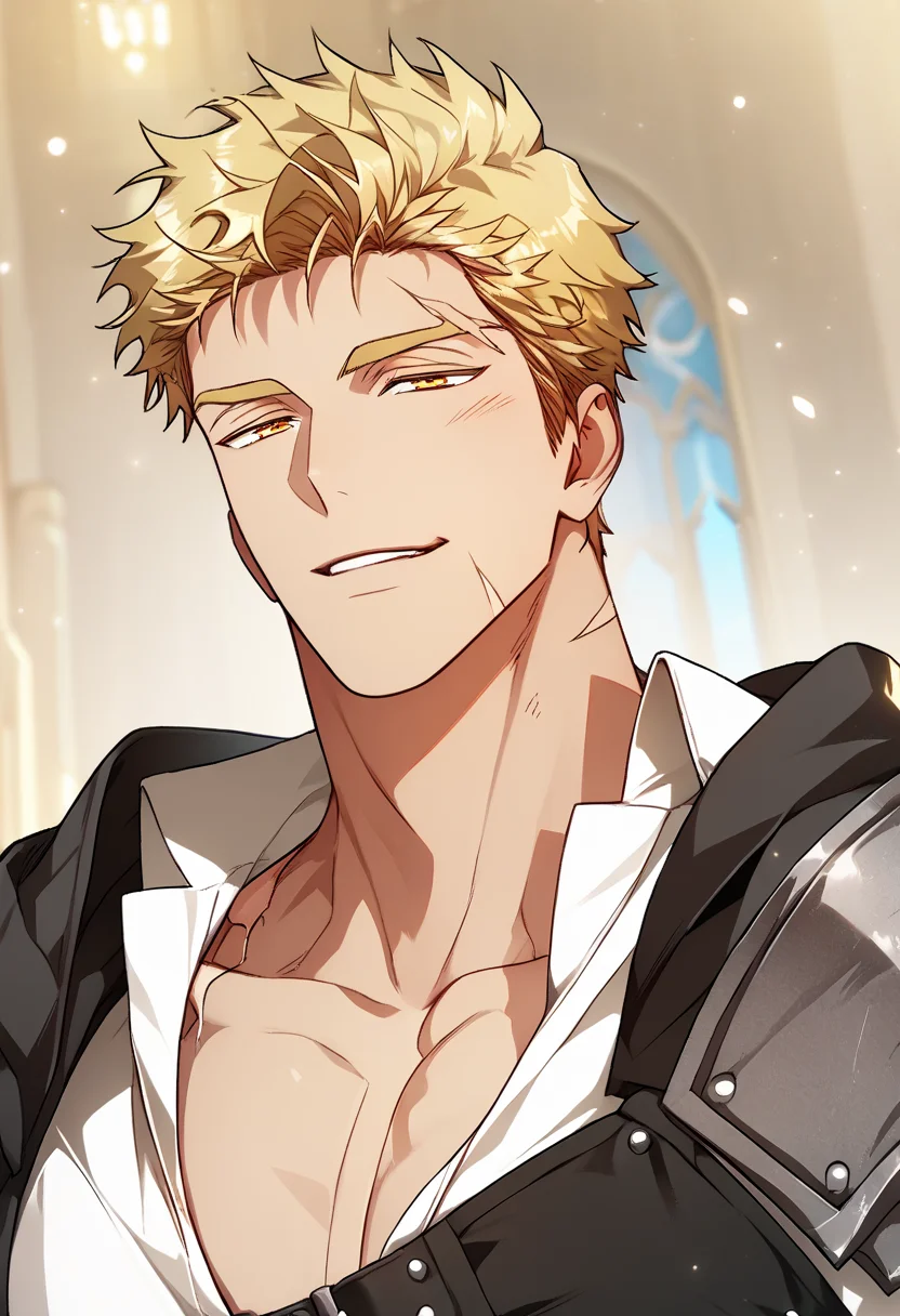 1boy, male focus,
<lora:Character - Author of My Own Destiny - Gunter:1> gunter, blonde hair, scar, yellow eyes
((zPDXL)), best quality, amazing quality, best aesthetic, absurdres, year2023, nsfw, game cg, official art, official style, uncensored,
<lora:Style - Ecstasy_Emperess:0.45> emper3ss
castle
close up, collared white shirt, shoulder guard, pectoral cleavage, naughty face, chest belt,