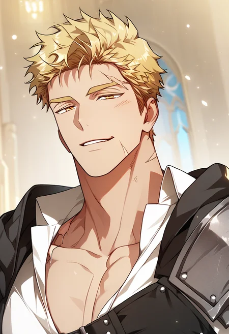 1boy, male focus,
<lora:Character - Author of My Own Destiny - Gunter:1> gunter, blonde hair, scar, yellow eyes
((zPDXL)), best quality, amazing quality, best aesthetic, absurdres, year2023, nsfw, game cg, official art, official style, uncensored,
<lora:Style - Ecstasy_Emperess:0.45> emper3ss
castle
close up, collared white shirt, shoulder guard, pectoral cleavage, naughty face, chest belt,