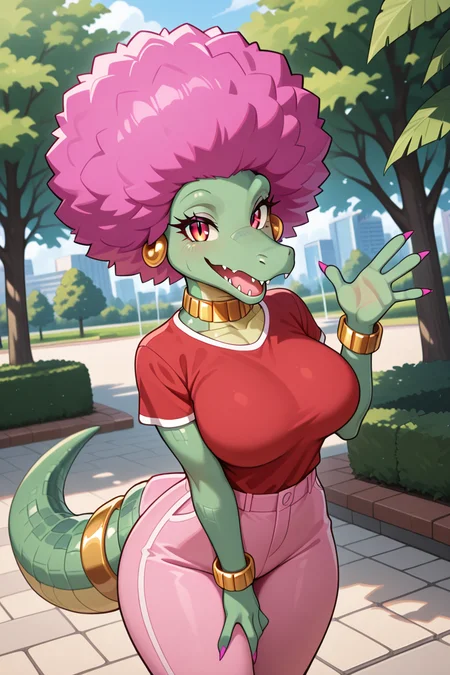 masterpiece, best quality, amazing quality, very aesthetic, high resolution, ultra-detailed, absurdres, newest BREAK 1girl, solo, Kalypso, anthro, furry female, afro, pink hair, crocodilian, crocodilian tail, gold earrings, gold ring tail, gold collar, bangle, claws, red shirt, pink pants, standing, looking at viewer, waving, open mouth, smile, happy, outdoors, park