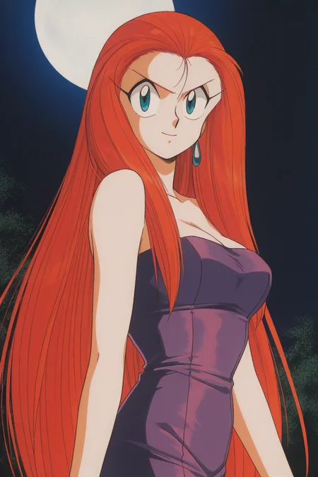 masterpiece, best quality, source_anime,official art,perfect_anatomy,1990s_\(style\),retro_artstyle,1girl,Reiko_Mikami,very_long_hair,red_hair,purple_dress,cleavage,strapless_dress,short_dress,(detailed face,looking_at_viewer,smile),upper_body,night,moon