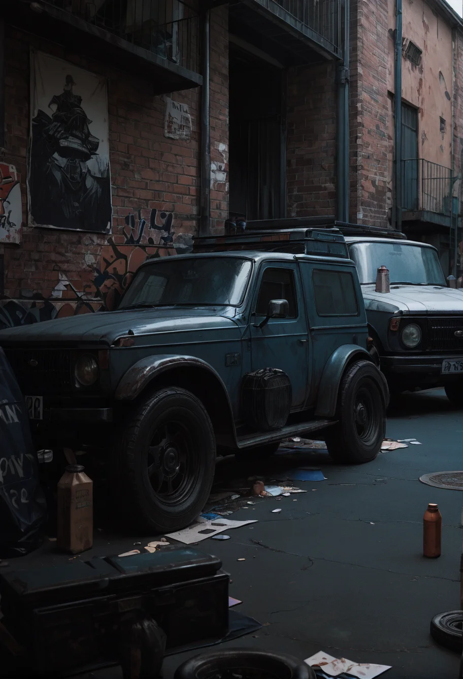 ,ruanyi0851,ground vehicle,brick wall,no humans,<lora:0851 abandoned vehicles V2_v1_pony:1>, score_9,score_8_up,score_7_up,,8k,1girl,solo,,