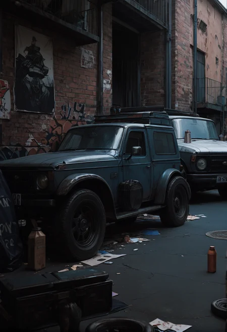 ,ruanyi0851,ground vehicle,brick wall,no humans,<lora:0851 abandoned vehicles V2_v1_pony:1>, score_9,score_8_up,score_7_up,,8k,1girl,solo,,