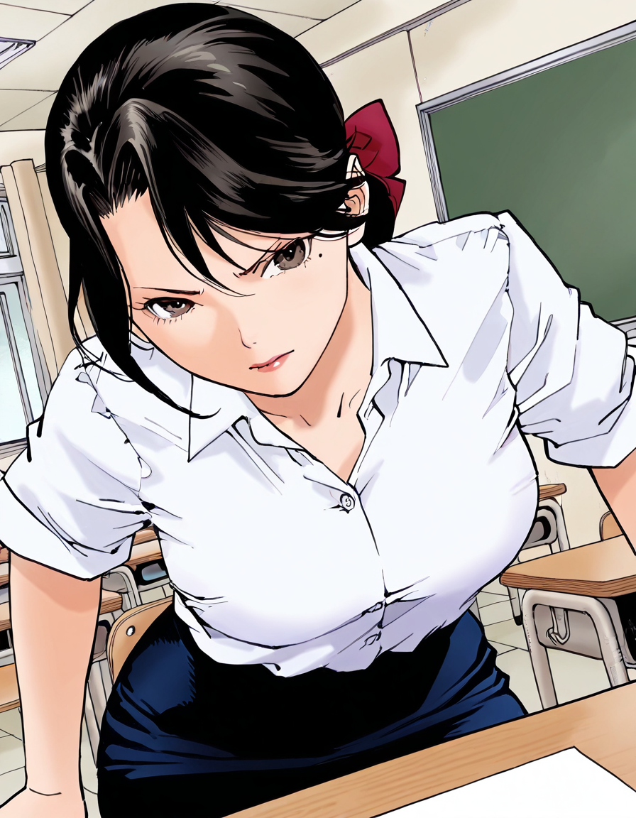 masterpiece,best quality,good quality,perfect anatomy,very aesthetic,highly detailed,high detail RAW color art,
face details,
(1girl),solo,
kurokawas, black hair,mole under eye, brown eyes,hair bow,lip,
collared shirt,pencil skirt,
hands on teaching desk,
classroom,teaching desk,
looking at viewer,

