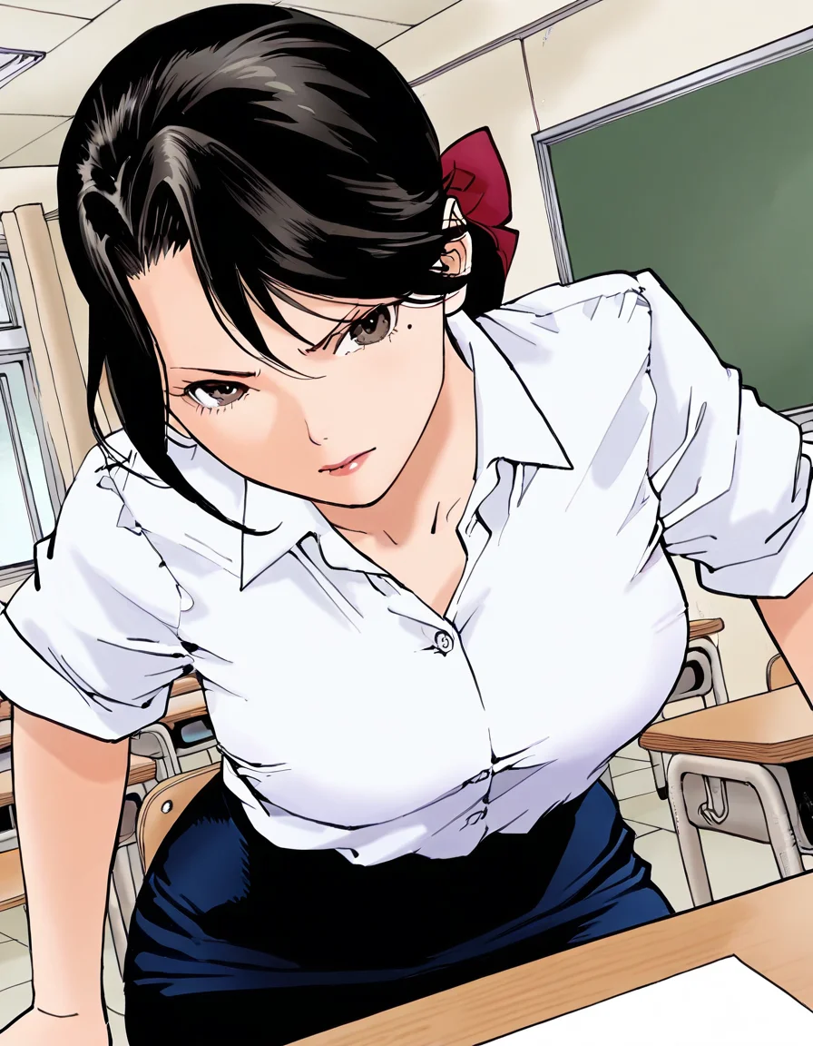 masterpiece,best quality,good quality,perfect anatomy,very aesthetic,highly detailed,high detail RAW color art,
face details,
(1girl),solo,
kurokawas, black hair,mole under eye, brown eyes,hair bow,lip,
collared shirt,pencil skirt,
hands on teaching desk,
classroom,teaching desk,
looking at viewer,

