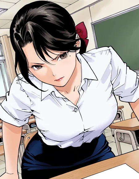 masterpiece,best quality,good quality,perfect anatomy,very aesthetic,highly detailed,high detail RAW color art,
face details,
(1girl),solo,
kurokawas, black hair,mole under eye, brown eyes,hair bow,lip,
collared shirt,pencil skirt,
hands on teaching desk,
classroom,teaching desk,
looking at viewer,