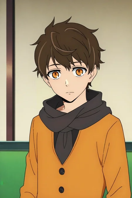 score_9, score_8_up, score_7_up, , rating_safe, intricate details, anime screencap, , , , , 1boy, solo, male focus, <lora:twenty-fifth_bam_pony:0.76>, twenty-fifth_bam, brown hair, orange eyes, short hair, scarf, , , <lora:sdxl_lightning_8step_lora:1>