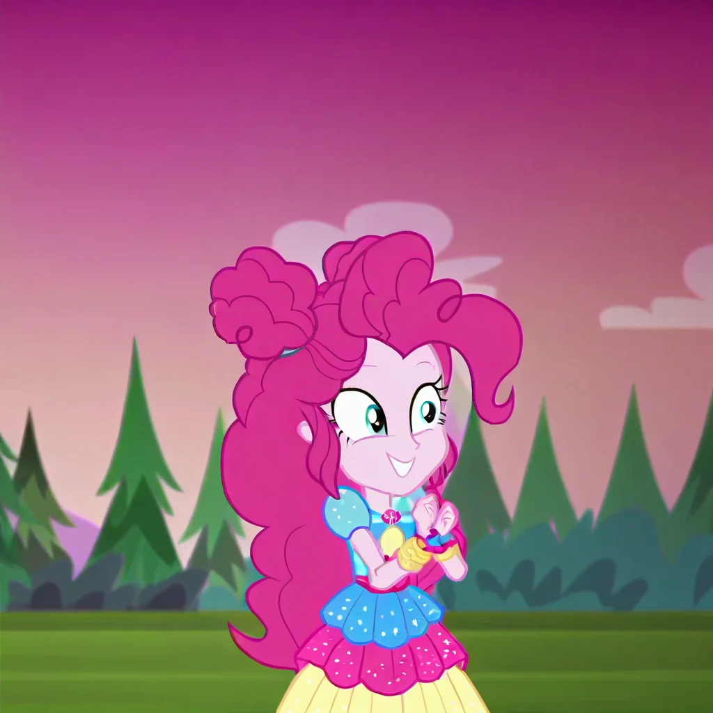 1girl, solo, equestria girls, pinkie pie, music festival outfit, pinkie_festival_outfit, hair bun, rah rah skirt, multicolored skirt, happy
