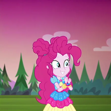 1girl, solo, equestria girls, pinkie pie, music festival outfit, pinkie_festival_outfit, hair bun, rah rah skirt, multicolored skirt, happy
