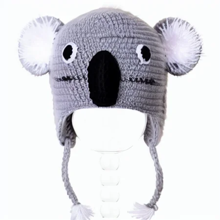 animal beanie, koala hat, koala beanie, fur ears, fur pompoms