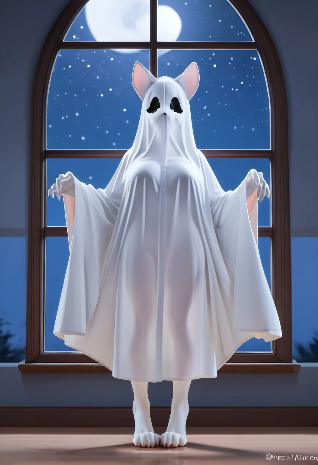 safe_pos, score_ 9, score_8_up, score_7_up, source_furry, ghostgirl, 1girl, solo, halloween, halloween costume, ghost costume, long costume, ghost costume, completely covered, full body covered, horny expression, peering in through window, furry enhancer, furry, animal ears, animal tail, cowboy shot, night time, night sky, stars, full moon, standing outside window, looking through window, looking at viewer, white fur, white feet, white ears, white hands, white fur