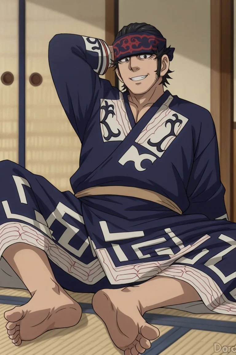 score_9, score_8_up, score_7_up, score_6_up, perfect anatomy, perfect proportions, best quality, masterpiece, high_resolution, high quality, best aesthetic, incredibly absurdres, highres, extremely detailed, huge filesize, solo male, adult, mature, masculine, manly, handsome, charming, alluring, standing, upper body, dutch angle, cowboy shot, perfect face, source_anime \(Golden Kamuy\), anime coloring \(Golden Kamuy\), GKKirawus, Kirawus \(Golden Kamuy), black hair, black eyes, long sideburns, GKKirawuse_outfit01, black Ainu robe, Ruunpe robe \(Ainu clothing\), Ainu pattern, black Ainu headband, Matanpushi \(Ainu headband\), barefoot, indoors, lying on tatamiooden floor, lying on back, spread legs, hand behind head, grin,