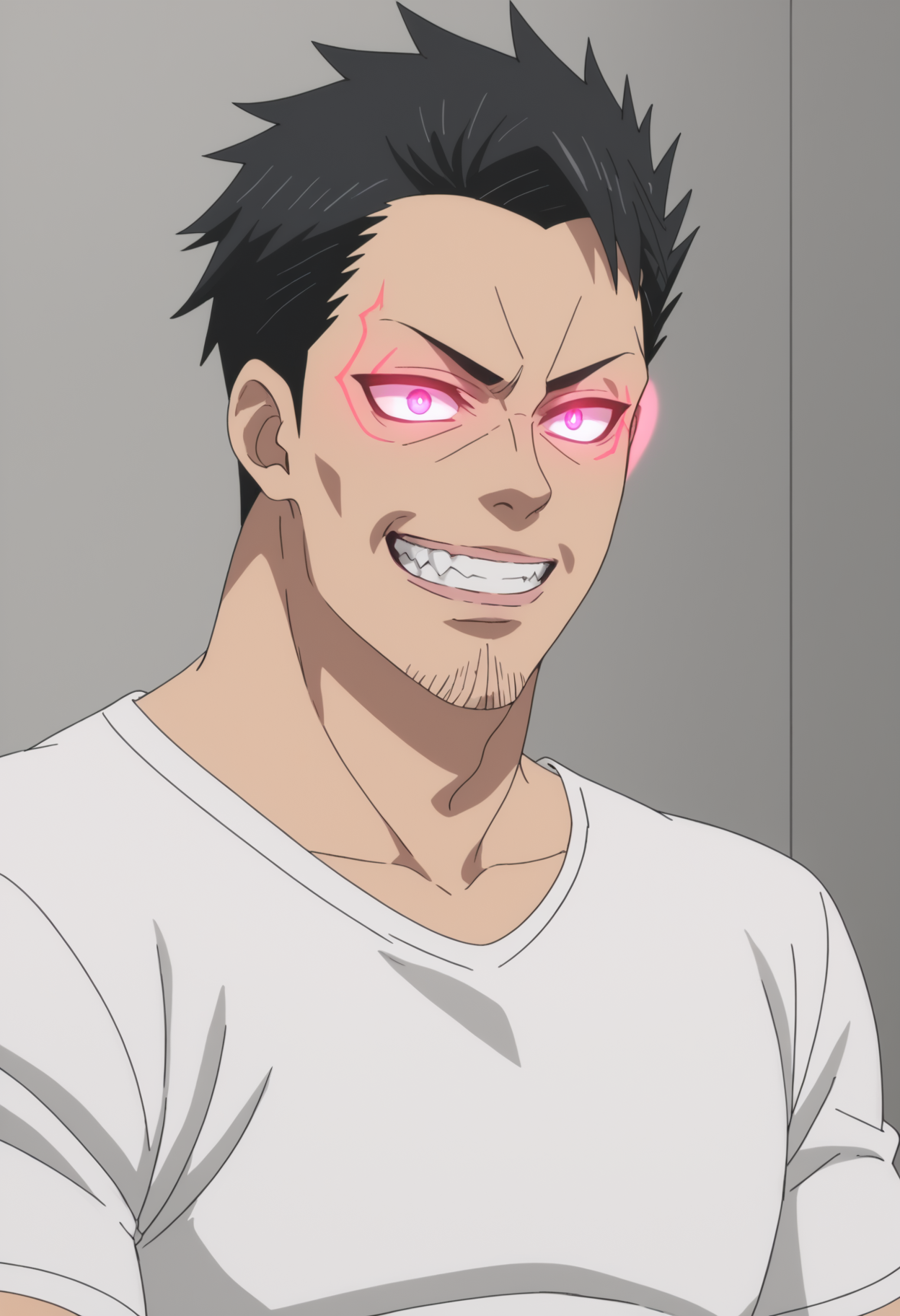 score_9,score_8_up,score_7_up,score_6_up,score_5_up,score_4_up,fujio uzaki,1boy,male focus,solo,glowing,shirt,portrait,teeth,glowing eyes,white t-shirt,anime screenshot,<lora:shinichi_sakurai_V2-3-000010>,