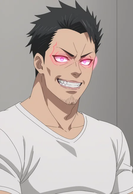 score_9,score_8_up,score_7_up,score_6_up,score_5_up,score_4_up,fujio uzaki,1boy,male focus,solo,glowing,shirt,portrait,teeth,glowing eyes,white t-shirt,anime screenshot,<lora:shinichi_sakurai_V2-3-000010>,