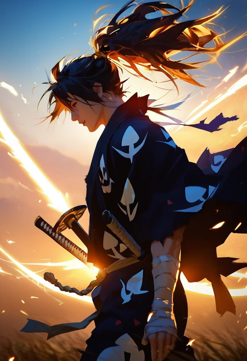 score_9, score_8_up, score_7_up, (masterpiece:1.2), (best quality:1.3), 1boy, man, male focus, bara, muscular <lora:Hyakkimaru_Dororo:0.8> hyakkimaru_dororo, 1boy, ponytail, kimono, long hair, bandages, masculine, prothetic sword arm, tattered cloak, katana, low-key lighting, lo-fi, glow, dynamic cinematic lighting, ray_tracing, global illumination