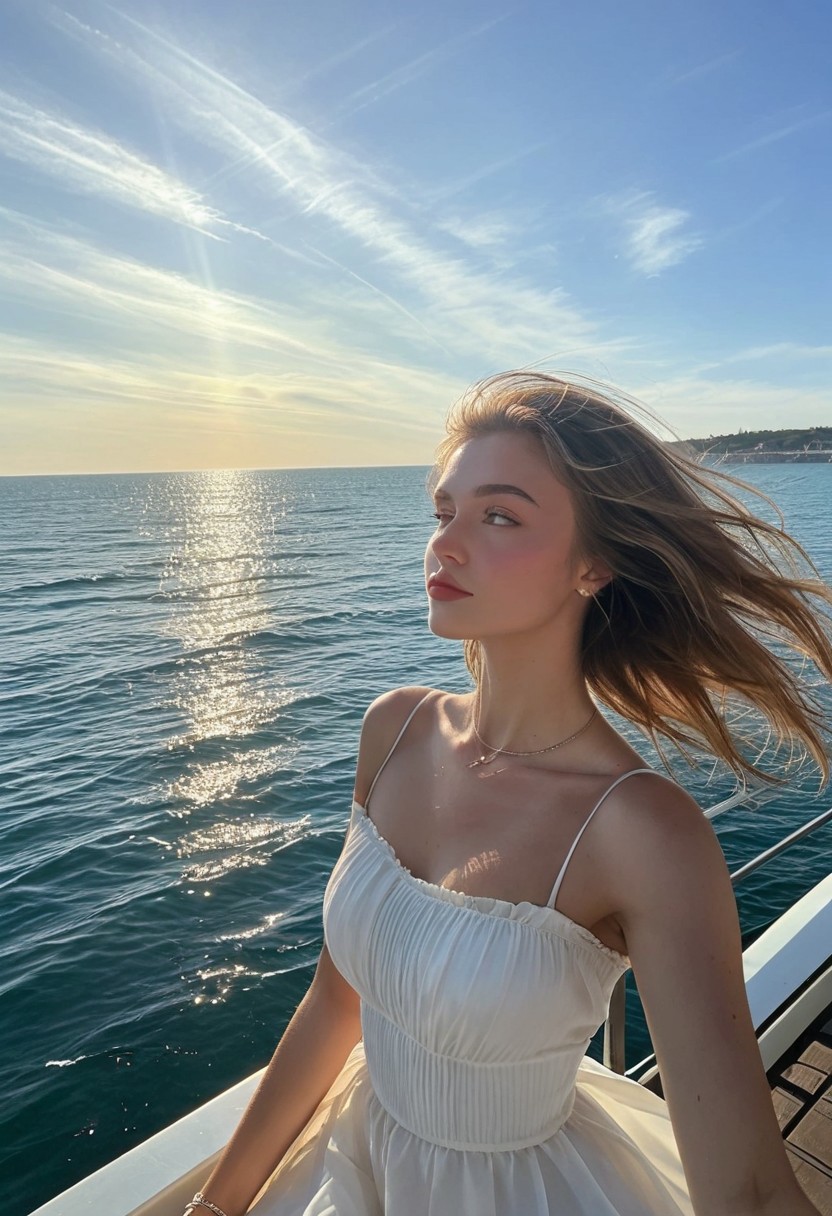 Inspired by Monet, a lone female in flowing white dress with head turned towards the sea
