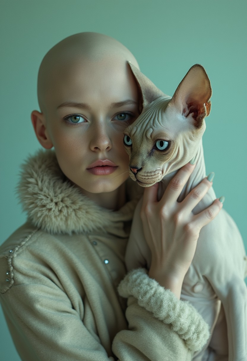 a striking model with a bald head, holding a sphynx cat close to her face, creating a captivating and unusual visual pairing. The model’s intense, light-colored eyes mirror the piercing gaze of the cat, emphasizing a deep connection between the two. She is dressed in a soft, fur-collared outfit with subtle studded details that add a touch of luxury to the look. The background is a muted pastel green, which contrasts with the cool tones of the cat’s skin and the model’s outfit, making the subjects stand out. The overall mood of the image is both mysterious and elegant, with a futuristic edge, highlighting the unique beauty of both the model and her feline companion. The composition and the way the model gently cradles the cat suggest a sense of calm and intimacy, while the unusual pairing adds a surreal and otherworldly quality to the image.
