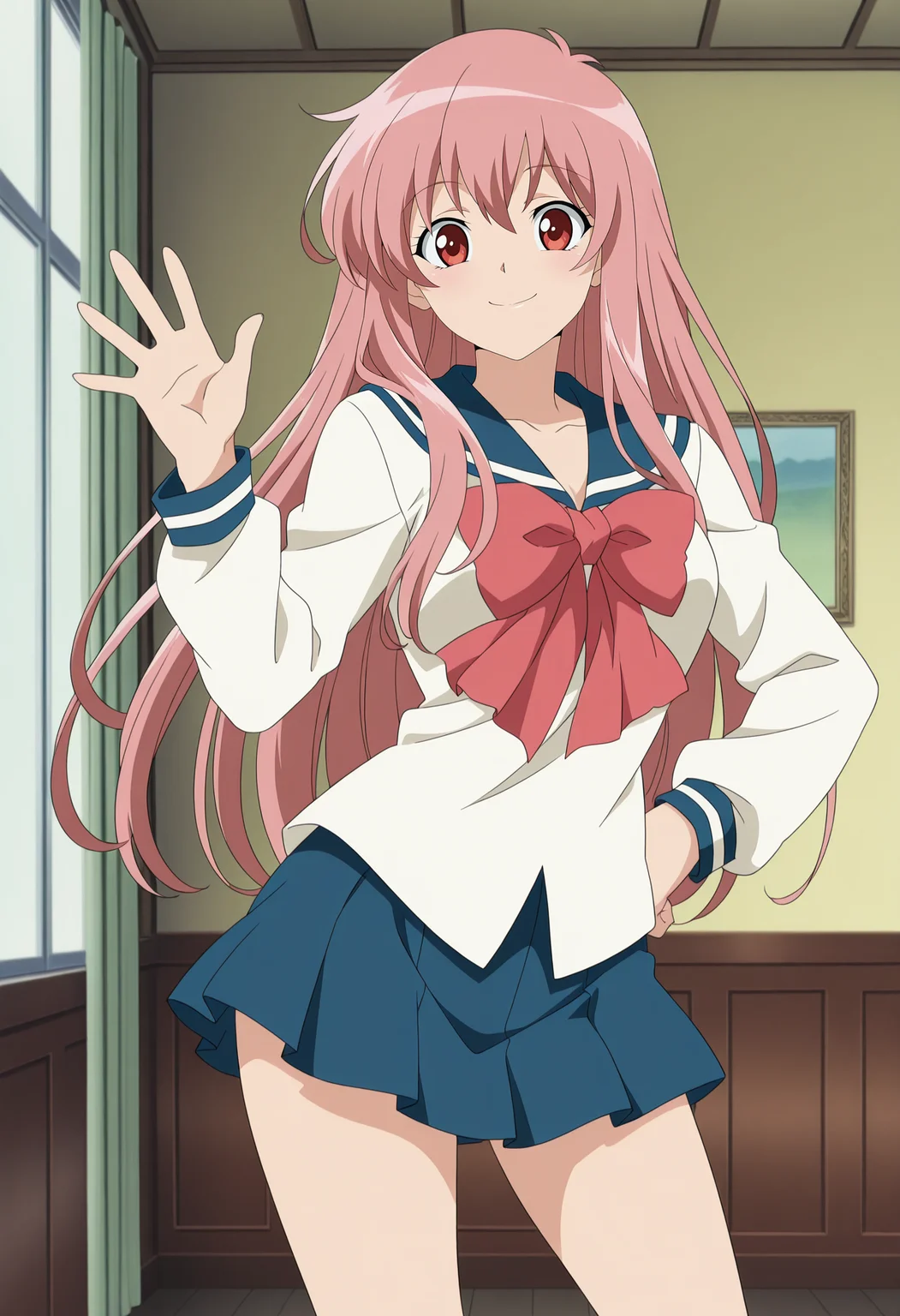 1girl,solo,mm,aged up,long hair,pink hair,red eyes,anime coloring,
school uniform,serafuku,bow,skirt,long sleeves,waving,contrapposto, hand on own hip, smile,looking at viewer, indoors
,masterpiece,best quality,amazing quality,<lora:Mayura_Daidouji-Matantei_Loki_Ragnarok:0.8>