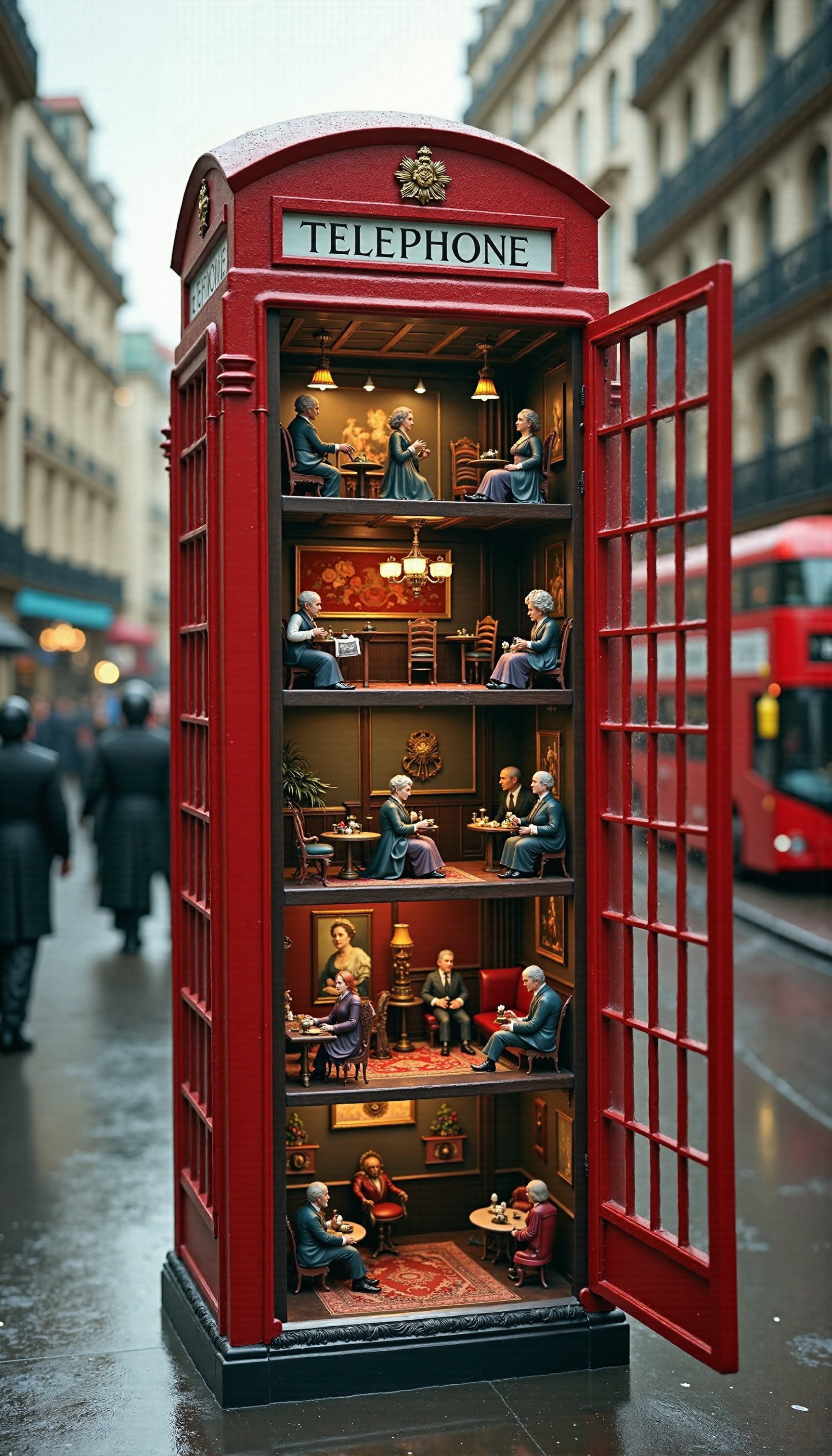 <lora:detailed_flux_ntc:8>A meticulously crafted diorama depicting British life inside a classic red telephone box, expanded to multiple levels with each floor representing various cultural stereotypes of British life. The telephone box is on a rainy London street.
Ground Level: The entrance floor showcases a traditional British pub setting, complete with a small bar, wooden stools, and a few patrons sipping pints of ale. A dartboard is mounted on the wall, and a small Union Jack flag hangs nearby. The color scheme is warm and inviting, with dark wood tones and golden accents.
First Level: Above, the next level features a cozy living room scene with a tea set on a small coffee table, a grandmotherly figure knitting in a comfortable armchair, and a classic British bulldog lying on a tartan rug. The walls are adorned with floral wallpaper and family portraits, capturing the quintessential English home atmosphere.
Second Level: The following level is a bustling office scene, representing the iconic "stiff upper lip" work ethic. Miniature desks are cluttered with paperwork, and tiny figures in suits and bowler hats are engrossed in their tasks. A portrait of the Queen hangs on the wall, and a small radio plays the BBC news in the background.
Third Level: The top floor is a whimsical, colorful depiction of a British high street during a rainy day. Tiny figures with umbrellas navigate past a fish and chip shop, a post box, and a double-decker bus peeking out of the back of the diorama. A small cat perches on a windowsill, watching the activity below.