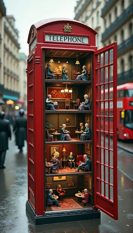 <lora:detailed_flux_ntc:8>A meticulously crafted diorama depicting British life inside a classic red telephone box, expanded to multiple levels with each floor representing various cultural stereotypes of British life. The telephone box is on a rainy London street.
Ground Level: The entrance floor showcases a traditional British pub setting, complete with a small bar, wooden stools, and a few patrons sipping pints of ale. A dartboard is mounted on the wall, and a small Union Jack flag hangs nearby. The color scheme is warm and inviting, with dark wood tones and golden accents.
First Level: Above, the next level features a cozy living room scene with a tea set on a small coffee table, a grandmotherly figure knitting in a comfortable armchair, and a classic British bulldog lying on a tartan rug. The walls are adorned with floral wallpaper and family portraits, capturing the quintessential English home atmosphere.
Second Level: The following level is a bustling office scene, representing the iconic "stiff upper lip" work ethic. Miniature desks are cluttered with paperwork, and tiny figures in suits and bowler hats are engrossed in their tasks. A portrait of the Queen hangs on the wall, and a small radio plays the BBC news in the background.
Third Level: The top floor is a whimsical, colorful depiction of a British high street during a rainy day. Tiny figures with umbrellas navigate past a fish and chip shop, a post box, and a double-decker bus peeking out of the back of the diorama. A small cat perches on a windowsill, watching the activity below.