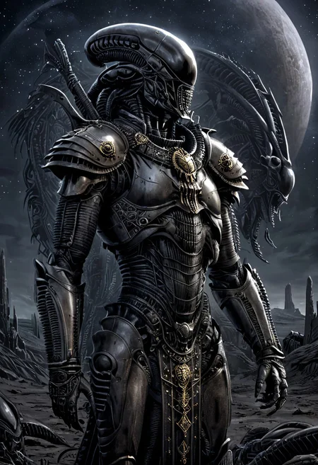 An insanely Detailed Divine Xenomorph, Golden and silver in color, a crimson tinge to the golden color, Hyperdetailed, Omnipresent, Beautiful, Sinister overtones, otherworldly,((masterpiece, best quality)), fantasy, solo, 1 alien knight, silver armor chestplate with silver medieval ornaments and runes, galactic night sky background, perfect composition, sidelighting, outdoor, in a duster standing alone in the desert, art by hr giger,