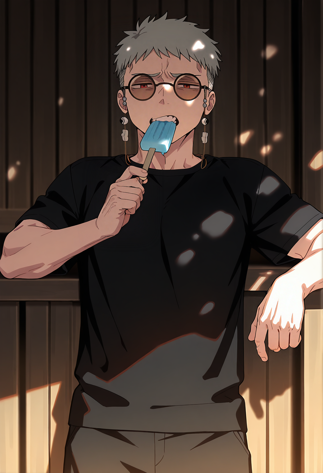 <lora:Fujimoto_Shiro_Blue_Exorcist__Ao_No_Exorcist__éã®ç¥é­å¸«_v2:1>,
fsh1r0,grey hair,red eyes,1boy,male focus,solo,round eyewear,glasses,fsh1r0_eyewear_strap,(muscular male:0.6),
looking at viewer,popsicle in mouth,teeth,holding,eating,facing viewer,furrowed brow,cowboy shot,in shade,arm rest,dutch angle,depth of field,
masterpiece,best quality,amazing quality,absurdres,highres