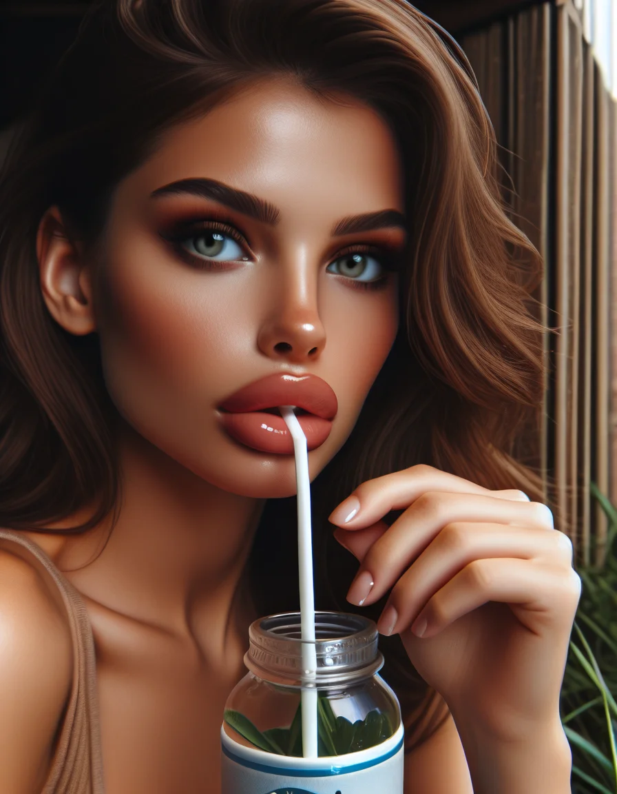 <lora:realistic_Illustrious_dalle3:1>, smooth lips, straw, bottle, drinking,