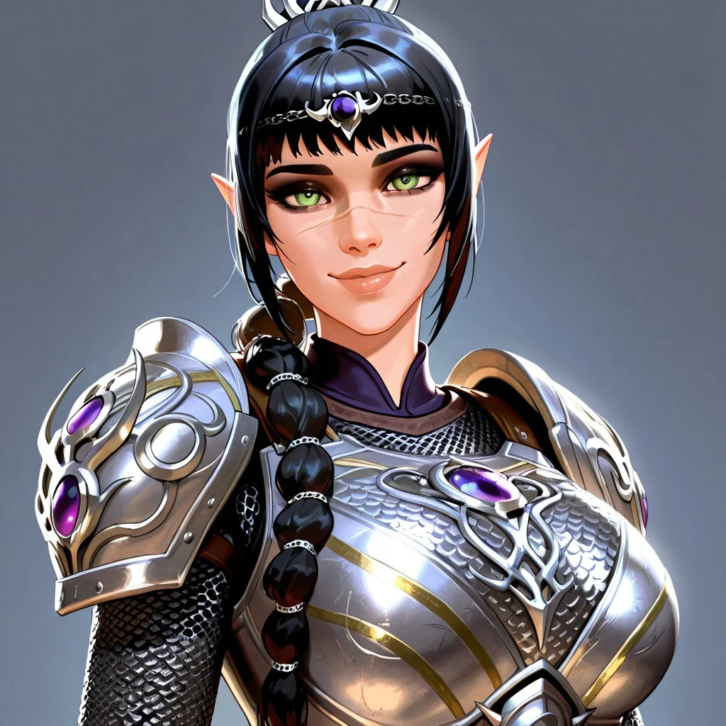 masterpiece,best quality,amazing quality, absurdres, <lora:shadowheart_bg3_ilxl_goofy:1> shadowheart \(baldur's gate\), 1girl, black hair, braid, breasts, elf, detailed eyes, green eyes, large breasts, detailed lips, glossy lips, long hair, looking at viewer, multi-tied hair, pointy ears,scar on face, simple background, smile, solo, body armor, shoulder pads, ,breastplate, chainmail,