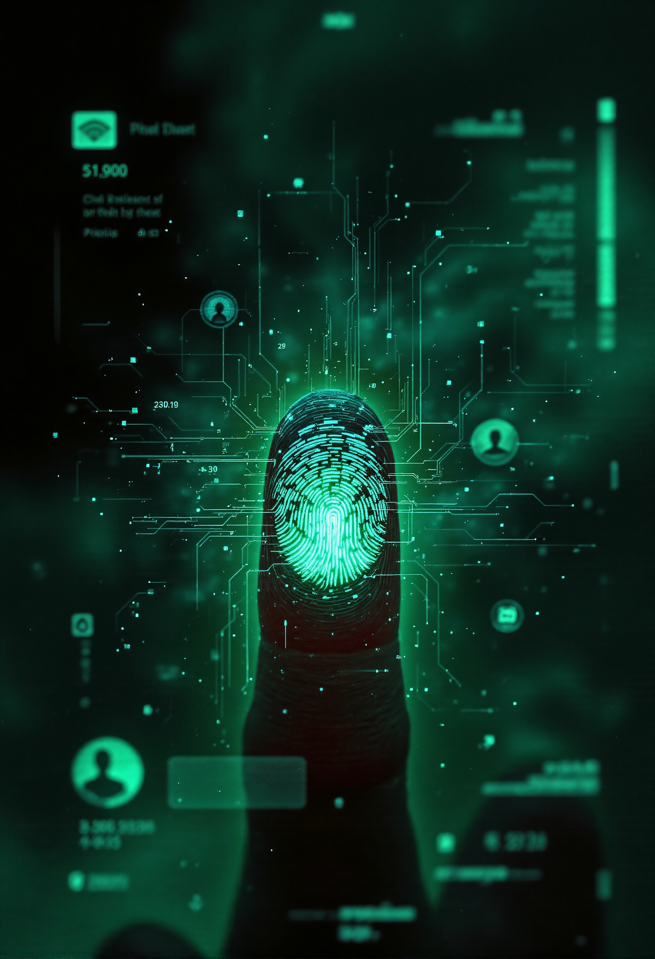 A hyper-detailed, futuristic close-up of a human fingertip illuminated by a soft green glow, revealing a complex, holographic circuit pattern etched into the skin, resembling a digital fingerprint. The intricate lines and nodes of the circuitry shimmer with a faint white and blue light, symbolizing advanced biometric technology. Surrounding the finger, a semi-transparent user interface displays scanning progress indicators, synchronization bars, and faint text overlays, adding to the high-tech aesthetic. The background is softly blurred, suggesting a sleek, digital environment while emphasizing the focus on the finger and its augmented details. <lora:aidmaFLUXPro1.1-FLUX-v0.3.safetensors:1.0>,  <lora:Dark side of light.safetensors:0.55>, <lora:Glitchcore_Flux.safetensors:0.8>,