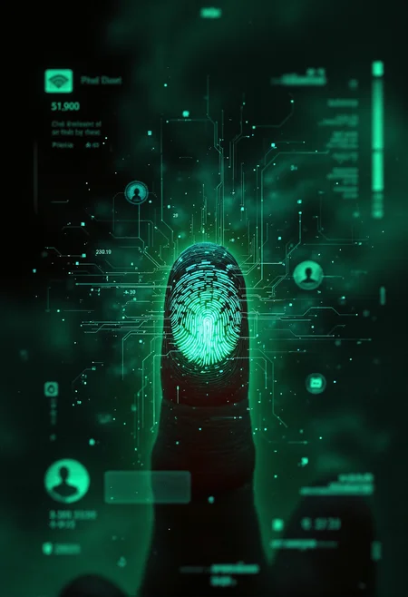 A hyper-detailed, futuristic close-up of a human fingertip illuminated by a soft green glow, revealing a complex, holographic circuit pattern etched into the skin, resembling a digital fingerprint. The intricate lines and nodes of the circuitry shimmer with a faint white and blue light, symbolizing advanced biometric technology. Surrounding the finger, a semi-transparent user interface displays scanning progress indicators, synchronization bars, and faint text overlays, adding to the high-tech aesthetic. The background is softly blurred, suggesting a sleek, digital environment while emphasizing the focus on the finger and its augmented details. <lora:aidmaFLUXPro1.1-FLUX-v0.3.safetensors:1.0>,  <lora:Dark side of light.safetensors:0.55>, <lora:Glitchcore_Flux.safetensors:0.8>,