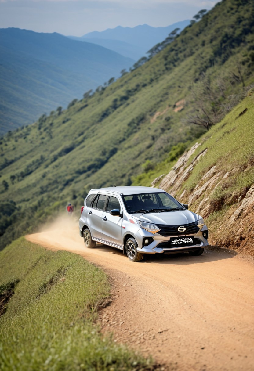 high resolution, best quality, Car, Daihatsu Sigra, Mountain trail, hikers, midday,