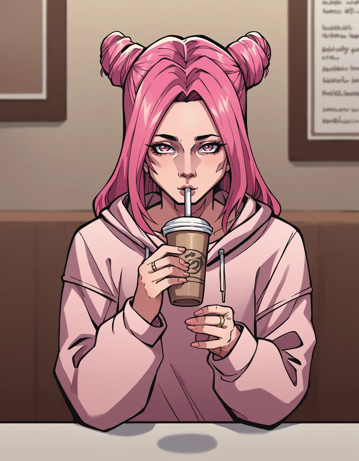 score_9, score_8_up, score_7_up, score_6_up, score_5_up, score_4_up, solo, 1girl, cone hair bun, pink hair, ring, pink eyes, drinking, hair bun, double bun, jewelry, long hair, genderless, mature, hooded sweatshirt, source_anime, looking at viewer, depth of field, indoors, cafe scene, sitting, cinematic angle, flat color, dskflatz , <lora:Dskart_PnyXL_V2:0.8>