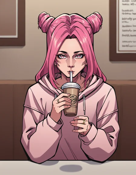 score_9, score_8_up, score_7_up, score_6_up, score_5_up, score_4_up, solo, 1girl, cone hair bun, pink hair, ring, pink eyes, drinking, hair bun, double bun, jewelry, long hair, genderless, mature, hooded sweatshirt, source_anime, looking at viewer, depth of field, indoors, cafe scene, sitting, cinematic angle, flat color, dskflatz , <lora:Dskart_PnyXL_V2:0.8>