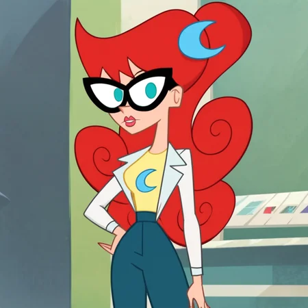 score_9, score_8_up, score_7_up, 1girl, red hair, long hair, glasses, blue eyes, style parody, lipstick, crescent hair ornament, large breasts, narrow waist, wide hips, looking at viewer, hand on own hip, highres, high quality, masterpiece, <lora:Mary_Test_Reboot:1>