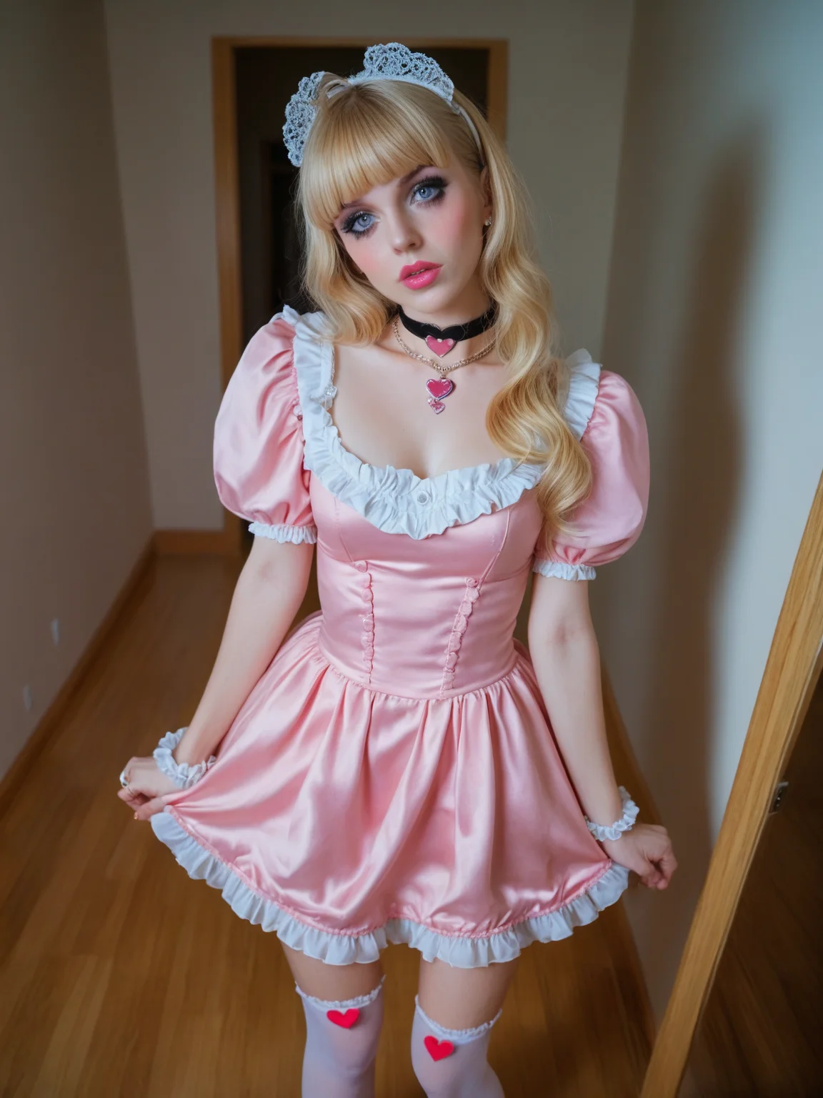 21 yo house-wife, wide-angle, fisheye, full-length portrait, flash photo, blonde, blunt bangs, narrow hips, skinny, thin, petite, very tight rococo mini-dress, puffy sleeves, heart choker necklace, shiny pink lipstick, blushing pink cheeks, long legs, leg garters, platform, high heels, frilly socks, very long hair, bold makeup, simple background, subtle details, unique perspective, looking up at viewer, begging eyes, huge diamond ring on finger, glare from ring, photograph, detailed, realistic, detailed feet, detailed hands,
<lora:MJ52:0.4> <lora:c41_zenit_kodakgold_SDXL:.6>