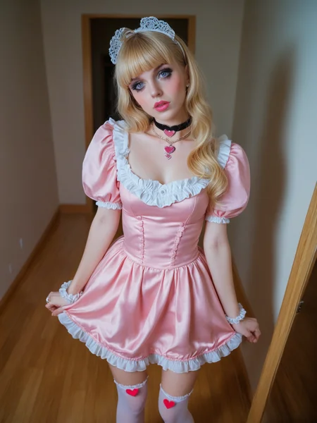 21 yo house-wife, wide-angle, fisheye, full-length portrait, flash photo, blonde, blunt bangs, narrow hips, skinny, thin, petite, very tight rococo mini-dress, puffy sleeves, heart choker necklace, shiny pink lipstick, blushing pink cheeks, long legs, leg garters, platform, high heels, frilly socks, very long hair, bold makeup, simple background, subtle details, unique perspective, looking up at viewer, begging eyes, huge diamond ring on finger, glare from ring, photograph, detailed, realistic, detailed feet, detailed hands,
<lora:MJ52:0.4> <lora:c41_zenit_kodakgold_SDXL:.6>