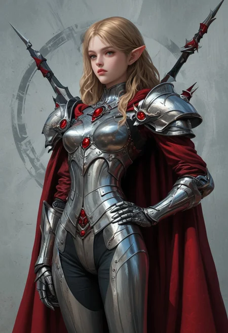 score_9, score_8_up, score_7_up, score_6_up, score_5_up, score_4_up, sharp focus,
cowboy-shot, focus on pelvis, focus on hip, 
female elf warrior queen, long blonde hair,
heavy silver steel armor with red ornaments, knight style,
heavy silver steel pauldrons with red ornaments,
heavy silver steel hauberk with crest,
heavy silver steel leg armor with red ornaments,
heavy silver steel kilt armor with red ornaments,
heavy silver steel gauntlets with red ornaments,
long red leather cloak with silver ornaments,
detailed background, sharp background, japanese landscape painting,
OverallDetail,