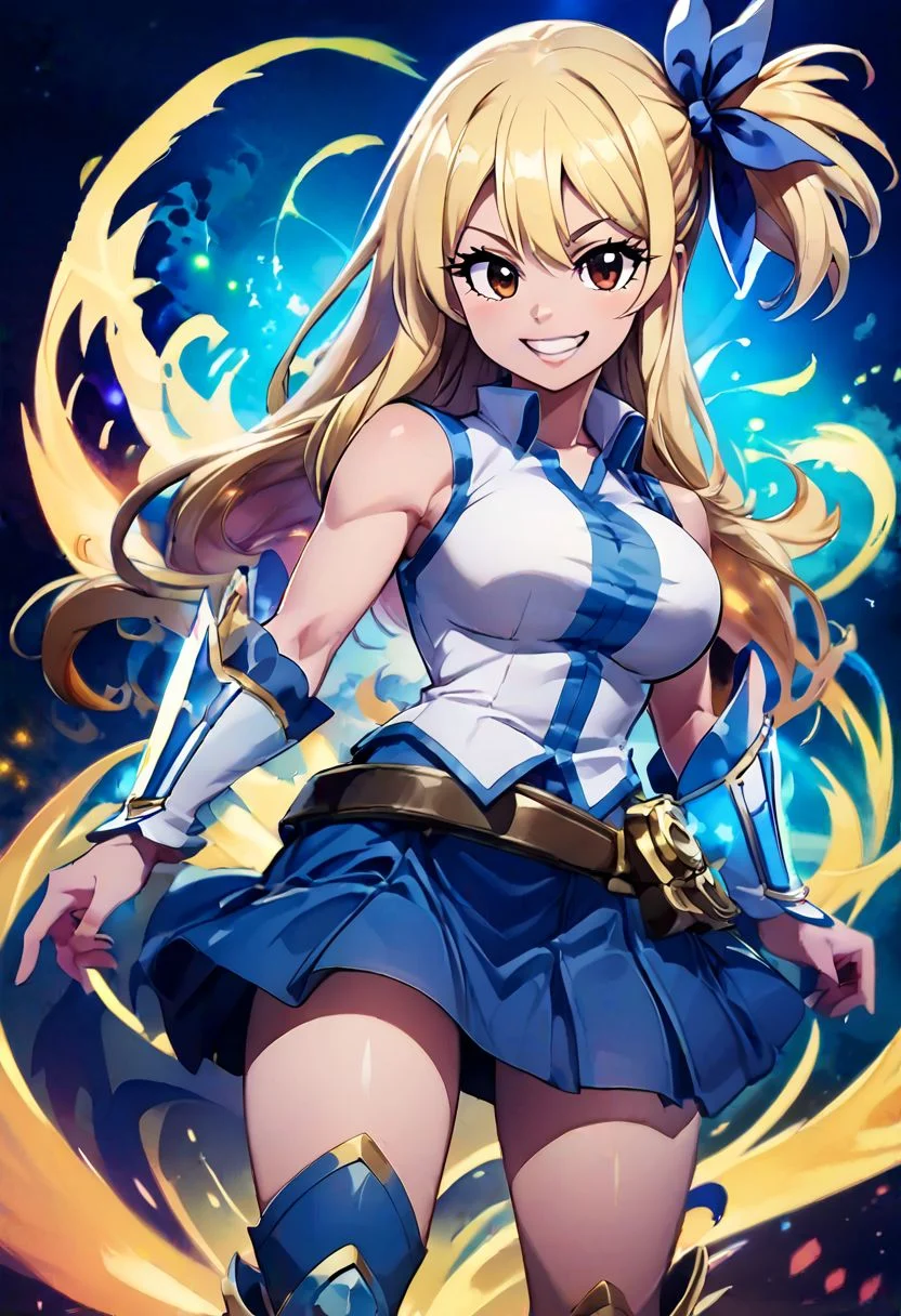 score_9, score_8_up, score_8, medium breasts, cute, eyelashes ,
aaLucy, hair ribbon, side ponytail, blonde hair, long hair, large breasts, white shirt, sleeveless, belt, blue skirt, smile,
official art, valkyrie connect, magic, swirl, Aura, energy, glowing, swirling energy, dynamic pose,
