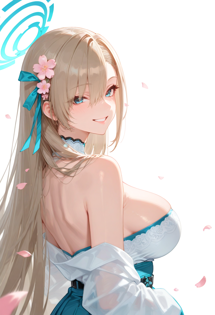masterpiece, newest, absurdres, best quality, hires, 1girl, asuna ichinose \(blue archive\), cherry blossom, white background, floating petals