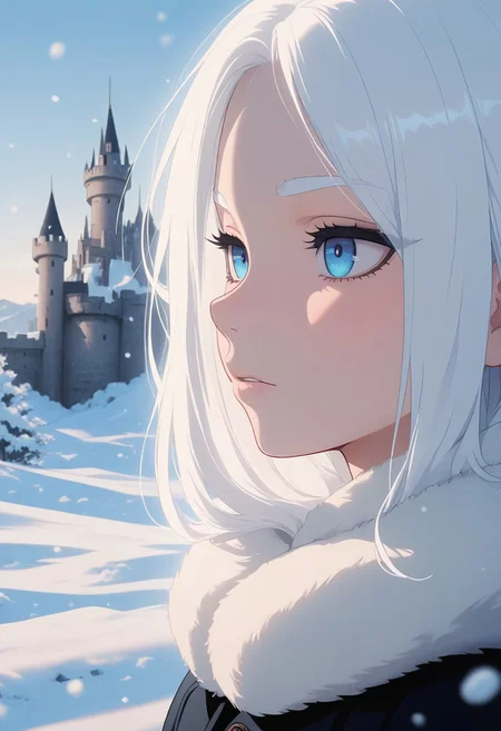 masterpiece, best quality, amazing quality, LDSCH, aesthetic, 1girl, portrait, white hair, blue eyes, detailed, snow, outdoors, castle, snowfall, close-up