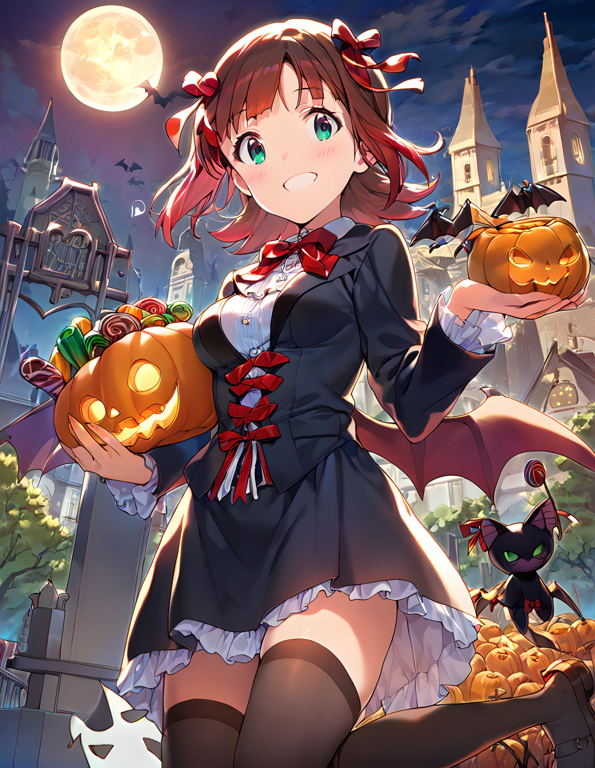 score_9,score_8_up,score_7_up,source_anime,1girl,solo,vampire,mini top hat,tuxedo,halloween costume,halloween,trick or treat,swirl lollipop,black legwear,jack-o'-lantern,basket,holding lantern,halloween bucket,holding vegetable,sweets,candy,candy cane,cookie,silhouette,bat,ghost,black cat,pumpkin,castle,pennant,clock tower,church,cross,graveyard,tombstone,coffin,town,gate,bare tree,spider web,night sky,full moon,moonlight,looking at viewer,smile,light_blush,<lora:AmamiHaruka_pony_v1:0.9>,ammhrk,short hair,medium hair,brown hair,bangs,(red hair ribbon:1.2),green eyes,medium breasts,