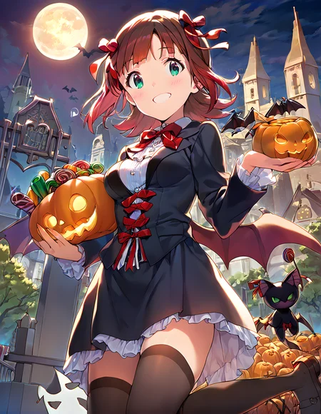 score_9,score_8_up,score_7_up,source_anime,1girl,solo,vampire,mini top hat,tuxedo,halloween costume,halloween,trick or treat,swirl lollipop,black legwear,jack-o'-lantern,basket,holding lantern,halloween bucket,holding vegetable,sweets,candy,candy cane,cookie,silhouette,bat,ghost,black cat,pumpkin,castle,pennant,clock tower,church,cross,graveyard,tombstone,coffin,town,gate,bare tree,spider web,night sky,full moon,moonlight,looking at viewer,smile,light_blush,<lora:AmamiHaruka_pony_v1:0.9>,ammhrk,short hair,medium hair,brown hair,bangs,(red hair ribbon:1.2),green eyes,medium breasts,