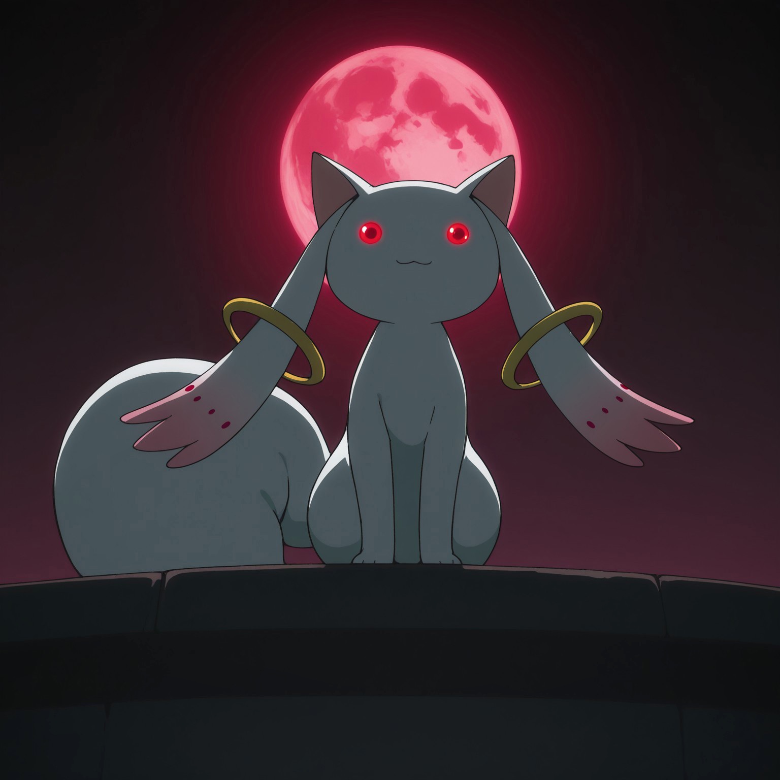 Kyubey, 2D, solo, 1boy, male, feral, creature, four ears, pointy cat ears, pink inner ears, long ears with pink fade, golden rings on ears, white fur, red eyes, no sclera, circular eyes, large white tail, :3, 

BREAK standing on ledge, low angle view, night, dark environment, ((red moon)), looking down at viewer, outside, glowing eyes

BREAK best quality, amazing quality, very aesthetic, absurdres, newest, masterpiece, detailed, high quality, highres