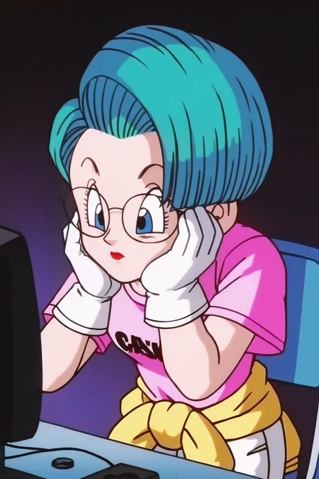 source_anime, score_9, score_8_up, score_7_up, anime screencap,8k, absurd res,
bulma, 1girl, solo, short hair, blue eyes, shirt, short sleeves, glasses, white gloves, eyelashes, aqua hair, chair, clothes writing, print shirt, hand on own face, pink shirt, head rest, hand on own cheek, elbow rest, sweater around waist, white pants, mouse \(computer\), computer, table
<lora:bulmaGT_pony_v1:0.8>