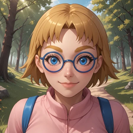 score_9, score_8, BREAK, solo, wii, mii, wii sports resort, dark blonde hair, short hair, dark blonde eyebrows, blue eyes, blue glasses, blush, pink clothing, white pants, sandals, cute, female mii, 1girl, Nintendo Mii, modern_mii, classic_mii, dot eyes, Siobhán_(\Wii_Sports_Resort\), breasts, sexy pose, self portrait, smile, outdoors, sunlight, shadows, evening lighting, natural lighting, forest, trees, grass, orange sky, sunset