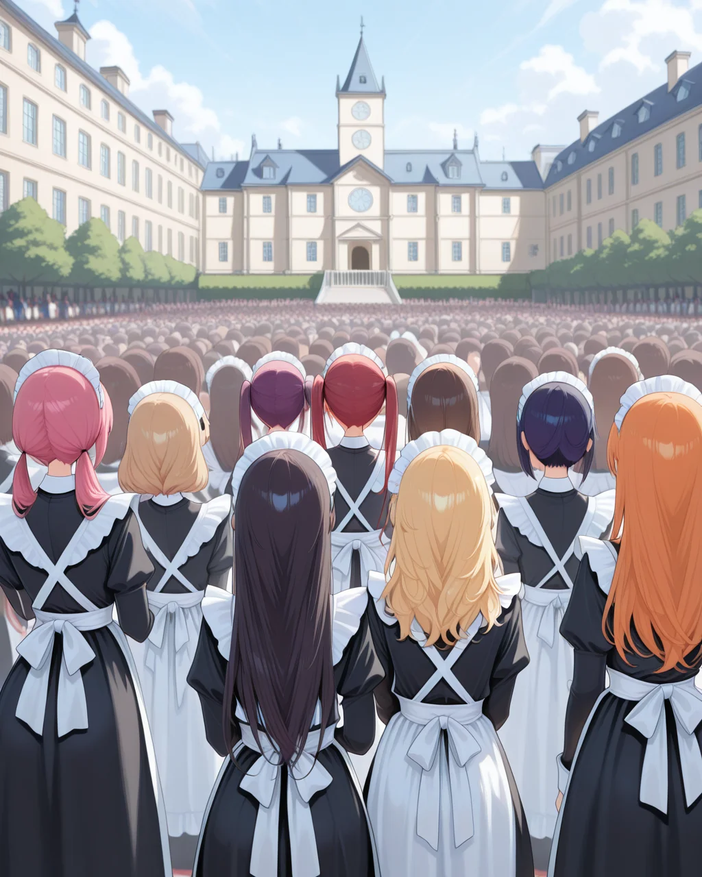 masterpiece,best quality,highres illustration,<lora:crowdofgirls_IL:1>,crowd of girls,from behind,maid,maid headdress,twintails,mansion,