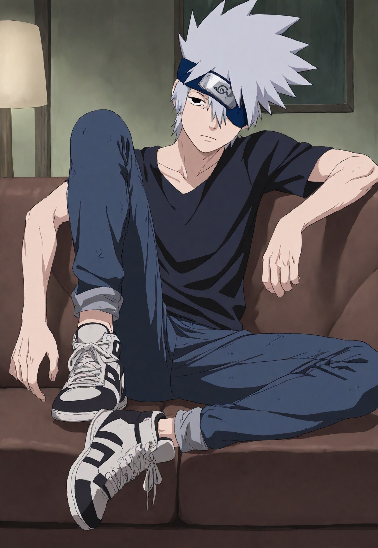 masterpiece, best quality, amazing quality, very aesthetic, absurdres, newest, detailed background, 1boy, solo, fbKakashi, 1boy, solo, skinny, muscular, grey hair, black eyes, hair between eyes, t-shirt, jeans, sneakers, one foot on couch, single covered eye, sitting on couch, bedroom