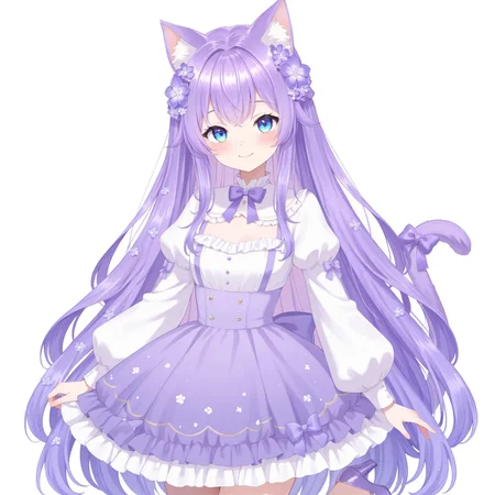 score_9, score_8_up, score_7_up, score_6_up, anime, beautiful, stunning, masterpiece, best quality, amazing quality,

perolya, 1girl, upper body,  animal ears, tail, solo, cat ears, dress, purple hair, cat tail, blue eyes, cat girl, long sleeves, purple footwear, Closed Mouth, smile, purple dress, very long hair, animal ear fluff, hair ornament, looking at viewer, hair flower, virtual youtuber, bow, frills, high heels, frilled dress, shoes, puffy sleeves, puffy long sleeves, purple flower, purple bow

simple background, white background,

