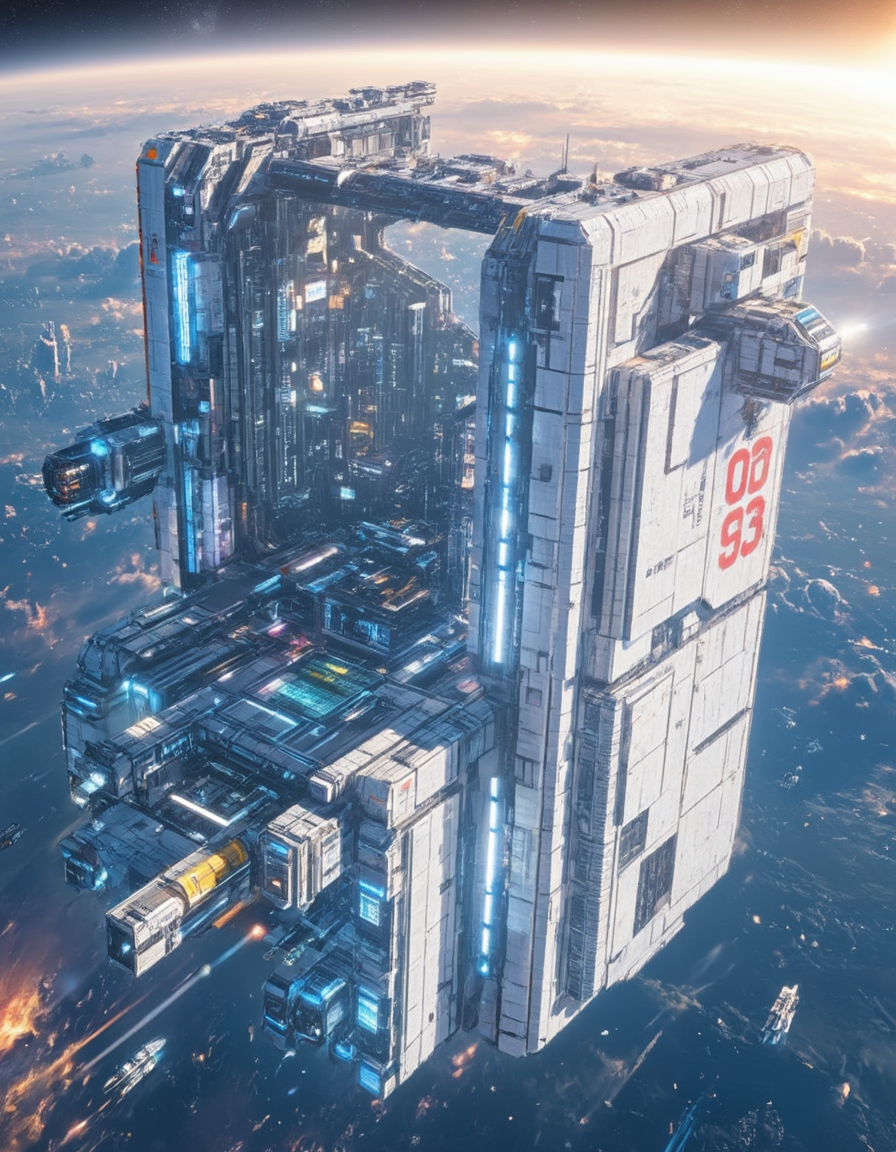 <lora:SW_Minis_3v2flux:1> A massive futuristic white space station floating above a detailed planet, with the sun setting on the horizon. The space station has a highly detailed and futurist design, featuring metallic structures with a cyberpunk city on its surface, glass, concrete, glowing blue lights, and various modules attached to its frame. Smaller spacecraft are seen flying around it, enhancing the scale and depth of the scene. The number "93" is painted in red on its surface.
 swminis3all, anime, test3