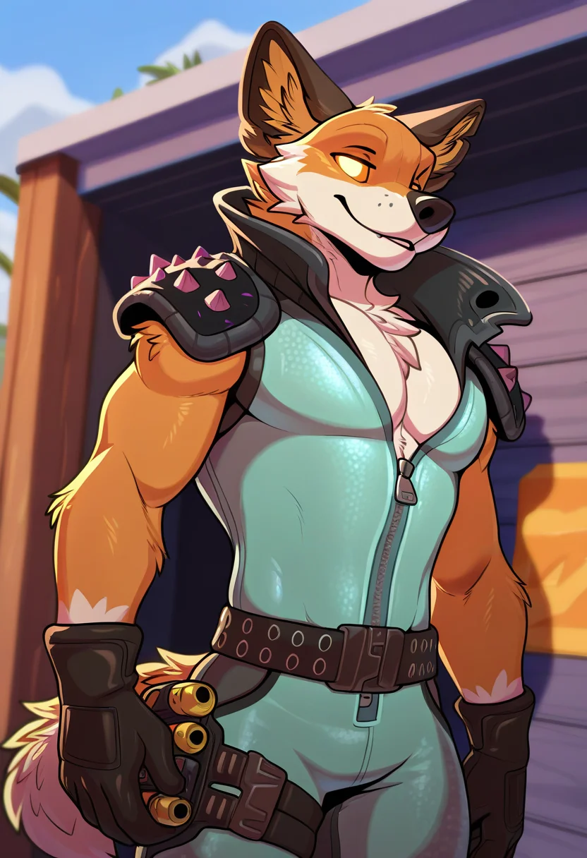 dutch angle, outside, anthro, fennix, fortnite, male focus, furry, 1boy, solo, pectorals, gloves, tail, masterpiece, detailed, best quality, amazing quality, absurdres, hi res, high quality, looking at viewer, <lora:Fennix_Fortnite_Illustrious:1>